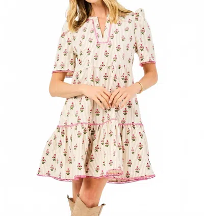 Mary Square Adelyn Puff Sleeve Mini Dress In Cottage Stripes Tan In Multi