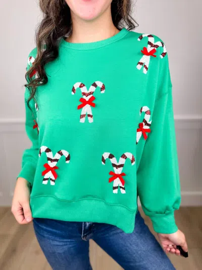 Mary Square Candy Cane Pair Long Sleeve Graphic Top In Green