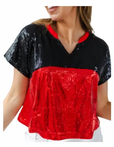 Mary Square Diane Sequin Gameday Top In Red & Black In Multi