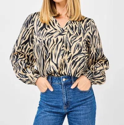 Mary Square Kayla Printed Collar Placket Top In City Limits Tan In Multi