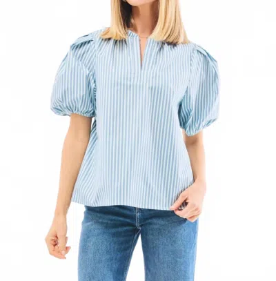 Mary Square Lainey Short Puff Sleeve Top In Simple Stripe Blue/green