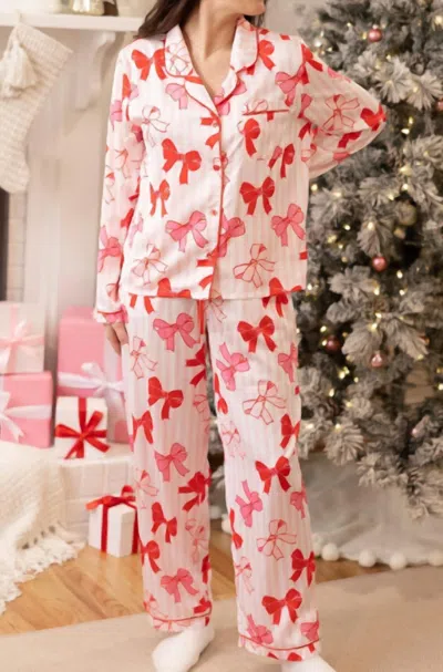 Mary Square More The Merrier With Bows - Pajama Set In White/red In Multi