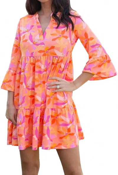 Mary Square Paradise Is Calling 3/4 Sleeve Mini Dress In Orange In Multi