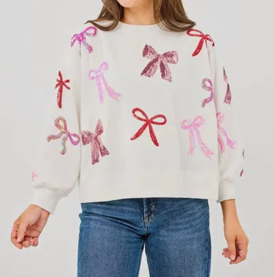 Mary Square Sequin Bows Sweatshirt In White In Multi