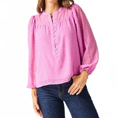 Mary Square Sheer Sleeve Button Textured Top In Crocus In Pink