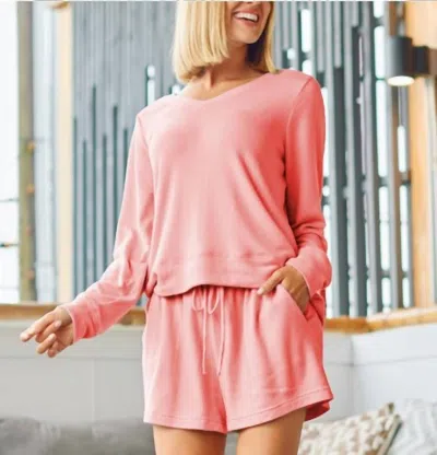 Mary Square Top And Drawstring Short Loungewear Set In Carly Coral In Pink