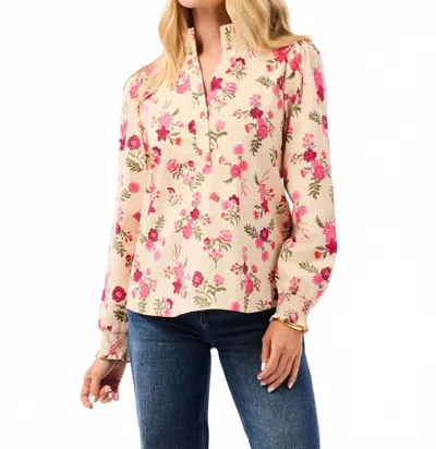 Mary Square Women's Kimberly Floral Ruffle Neck Top In Mistflower Pink In Multi