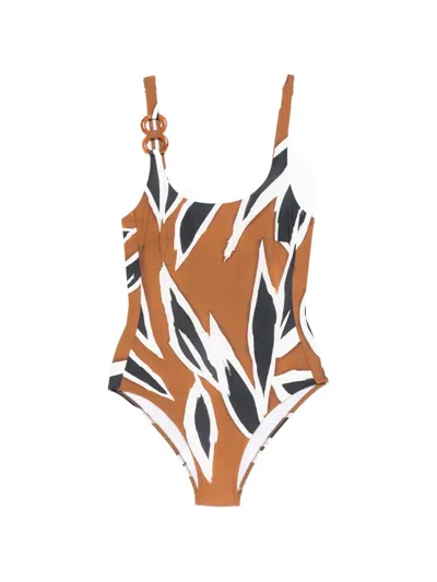 Maryan Mehlhorn Leaf-print Swimsuit In Brown