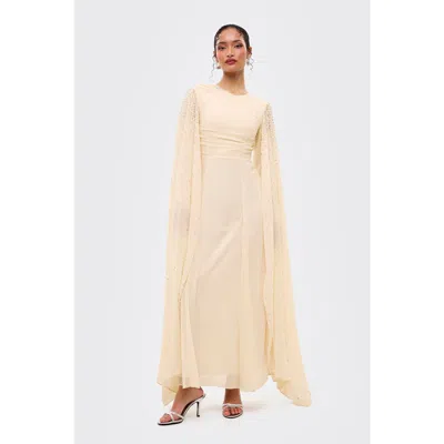 Maryisa Modest Cape Embellished Sequins Maxi Dress In Neutral