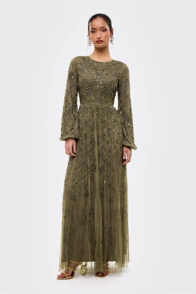 Maryisa Modest Ebellished Sequins A Line Maxi Dress In Green