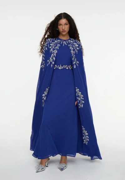 Maryisa Modest Embellished Sequin Beaded Cape Dress Maxi In Blue