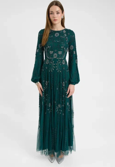 Maryisa Modest Embellished Sequin Beaded Dress Maxi With A Line Bottom And Sleeve Design In Green