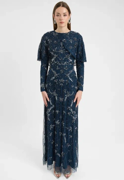 Maryisa Modest Embellished Sequin Beaded Dress Maxi With Attacehd Cape In Blue