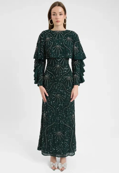 Maryisa Modest Embellished Sequin Beaded Dress Maxi With Cape Style Top In Green