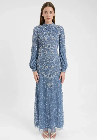 Maryisa Modest Embellished Sequin Beaded Dress Maxi With Cuff Sleeves In Blue