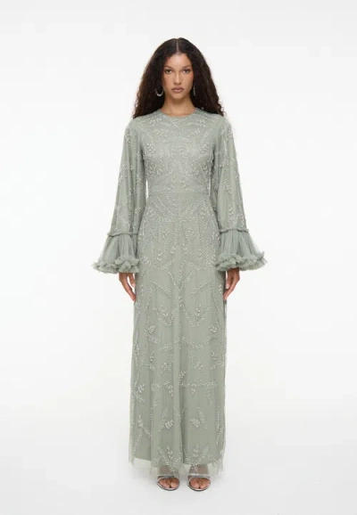 Maryisa Modest Embellished Sequin Beaded Dress Maxi With Designer Sleeve In Green