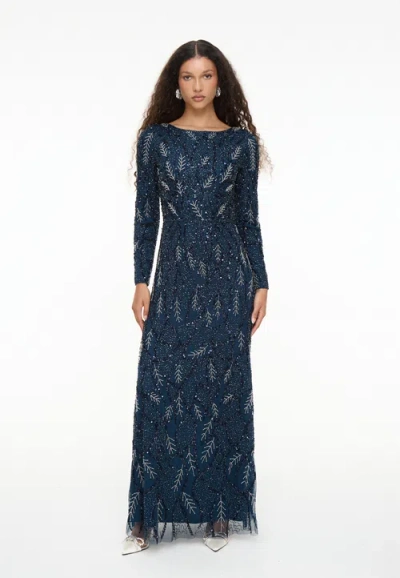Maryisa Modest Embellished Sequin Beaded Dress Maxi With Detailed Work In Blue