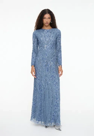 Maryisa Modest Embellished Sequin Beaded Dress Maxi With Elegant Design In Blue