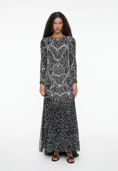 Maryisa Modest Embellished Sequin Beaded Dress Maxi With Fit Bodice And Trail In Black