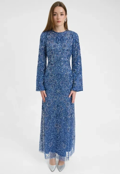 Maryisa Modest Embellished Sequin Beaded Dress Maxi With High Detailed Work In Blue