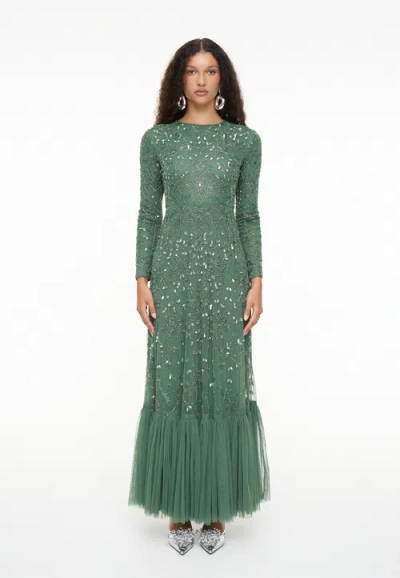 Maryisa Modest Embellished Sequin Beaded Dress Maxi With Long Cape In Green