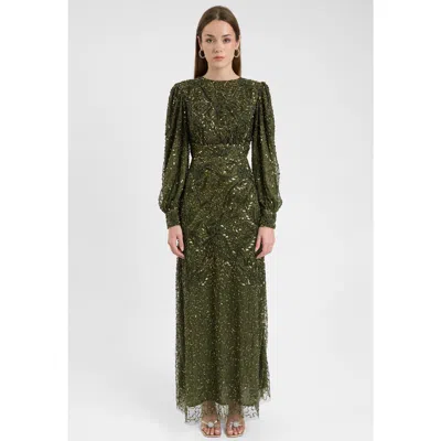 Maryisa Modest Embellished Sequin Beaded Dress Maxi With Loose Cuff Sleeves In Green