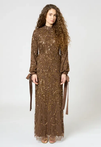 Maryisa Modest Embellished Sequin Beaded Dress Maxi With Ribbon Design Sleeves In Brown