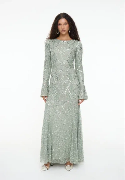 Maryisa Modest Embellished Sequin Beaded Dress Maxi With Ribbon On Sleeves In Green