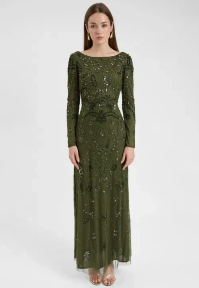 Maryisa Modest Embellished Sequin Beaded Dress Maxi With Wide Neck In Green