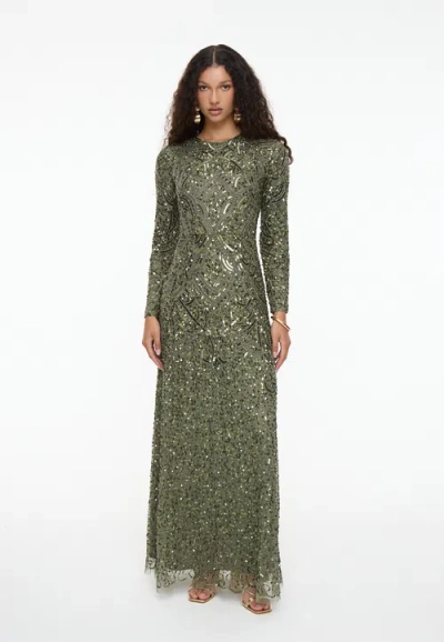 Maryisa Modest Embellished Sequin Beaded Maxi Dress In Green