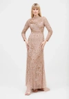 Maryisa Modest Embellished Sequin Beaded Maxi Dress With Cowl Neck And Trail