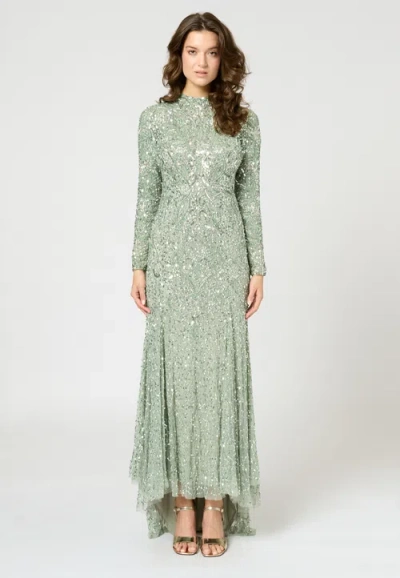Maryisa Modest Embellished Sequin Beaded Maxi Trail Dress In Green