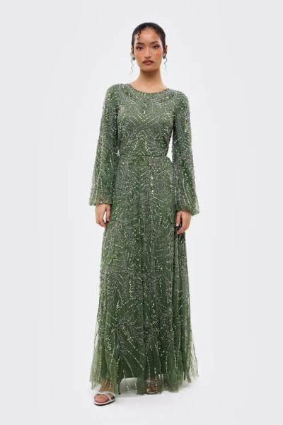 Maryisa Modest Embellished Sequins A Line Maxi Gown In Green