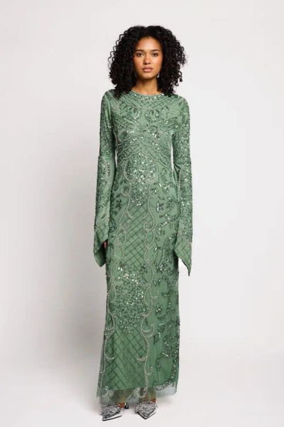 Maryisa Modest Embellished Sequins Flutter Sleeves Gown In Green