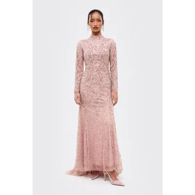 Maryisa Modest Embellished Sequins Trail Gown In Pink