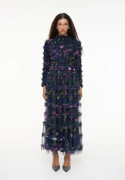 Maryisa Modest Floral Ruffle High Neck Maxi Dress In Blue