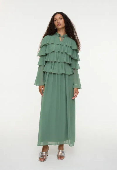 Maryisa Modest Ruffle Chiffon Dress Maxi With Designer Sleeve In Green