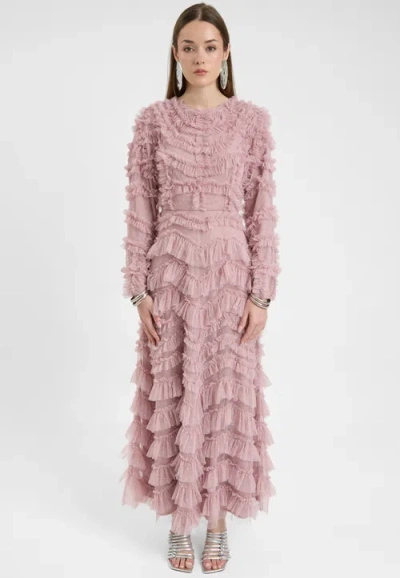 Maryisa Modest Ruffle Dress Maxi With Self Print Mesh