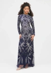 Maryisa Embellished Sequin Beaded A Line With Trail Maxi Dress In Mid Night Blue