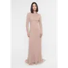 Maryisa Embellished Sequin Beaded High Neck With A Line Dress In Taupe Blush