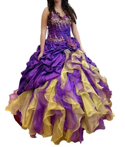 Mary's Bridal Quinceañera Off Shoulder Ruffle Dress In Purple/gold