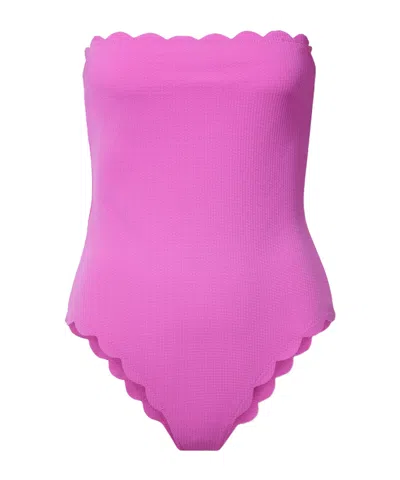 Marysia Bandeau Seersucker One-piece Swimsuit With Scalloped Trim In Purple