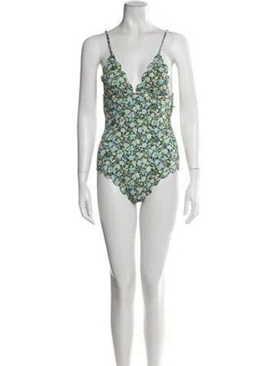 Pre-owned Marysia Floral Print Cutout Accent One-piece W/ Tags In Blue