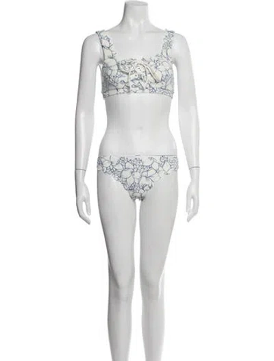 Pre-owned Marysia Floral Print Scalloped Accent Bikini In White