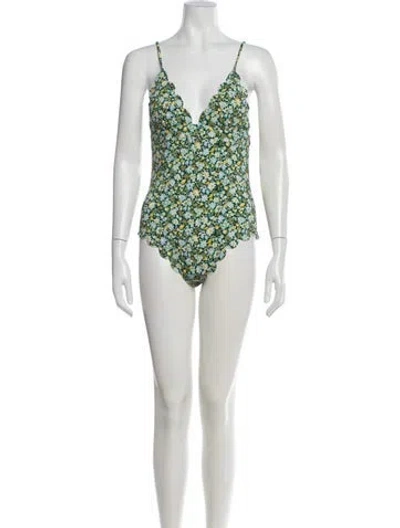 Pre-owned Marysia Floral Print Scalloped Accent One-piece In Blue