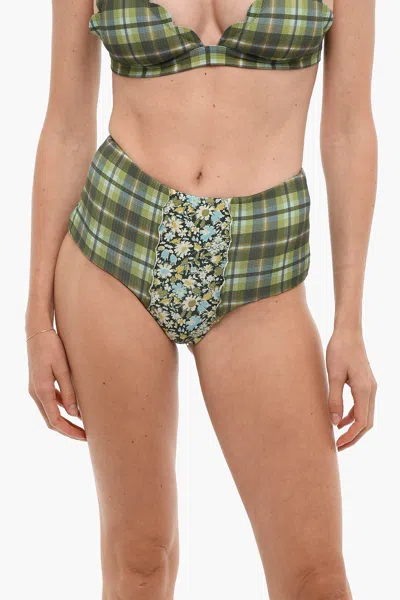 Marysia High Waist Checked Bikini Bottom With Floral Details Xs Standard Size In Green