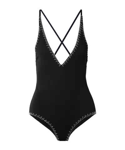 Marysia Sole Embroidered Seersucker Swimsuit In Black