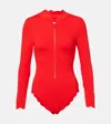 Marysia North Sea Scalloped Rashguard Swimsuit In Red