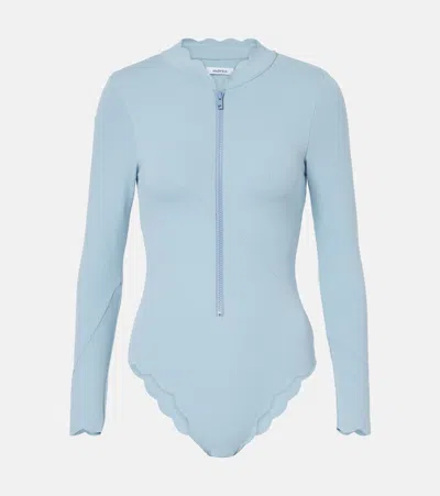 Marysia North Sea Scalloped Rashguard Swimsuit In Blue