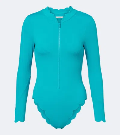 Marysia North Sea Scalloped Rashguard Swimsuit In Blue